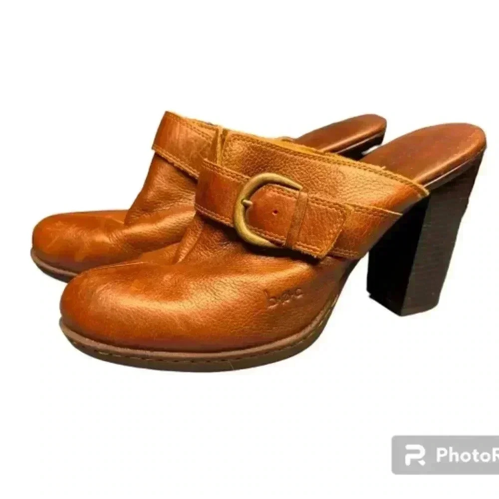 BOC Born Concept Size 9 Brown Leather High Heels Shoes Mules Clogs Buckle 2YK